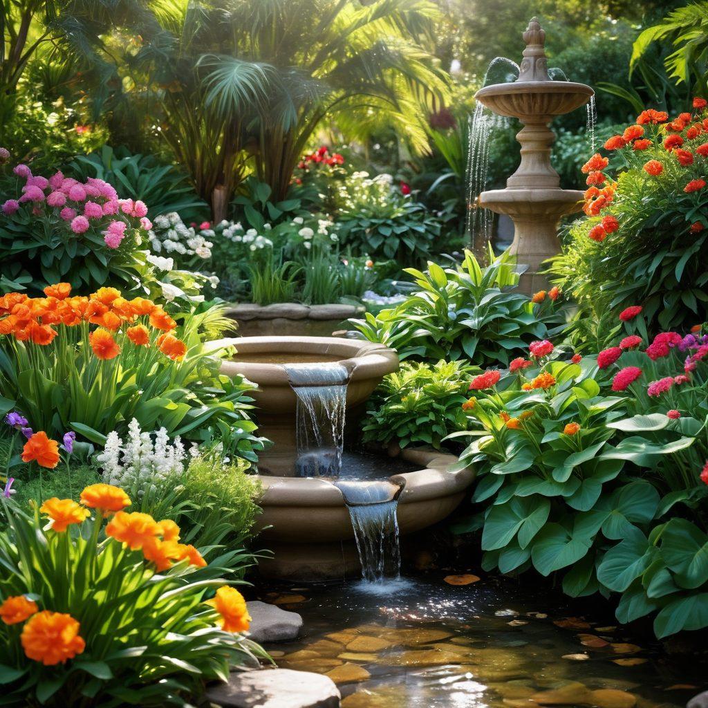 A serene, sunlit garden filled with lush green plants and colorful blooming flowers, showcasing various botanical skincare products elegantly arranged among the foliage. Include a gentle stream or a fountain to symbolize purity and freshness, and a soft-focus effect to evoke a sense of tranquility. The scene should invite viewers into a world of natural beauty and wellness. vibrant colors. nature-inspired. soft lighting.