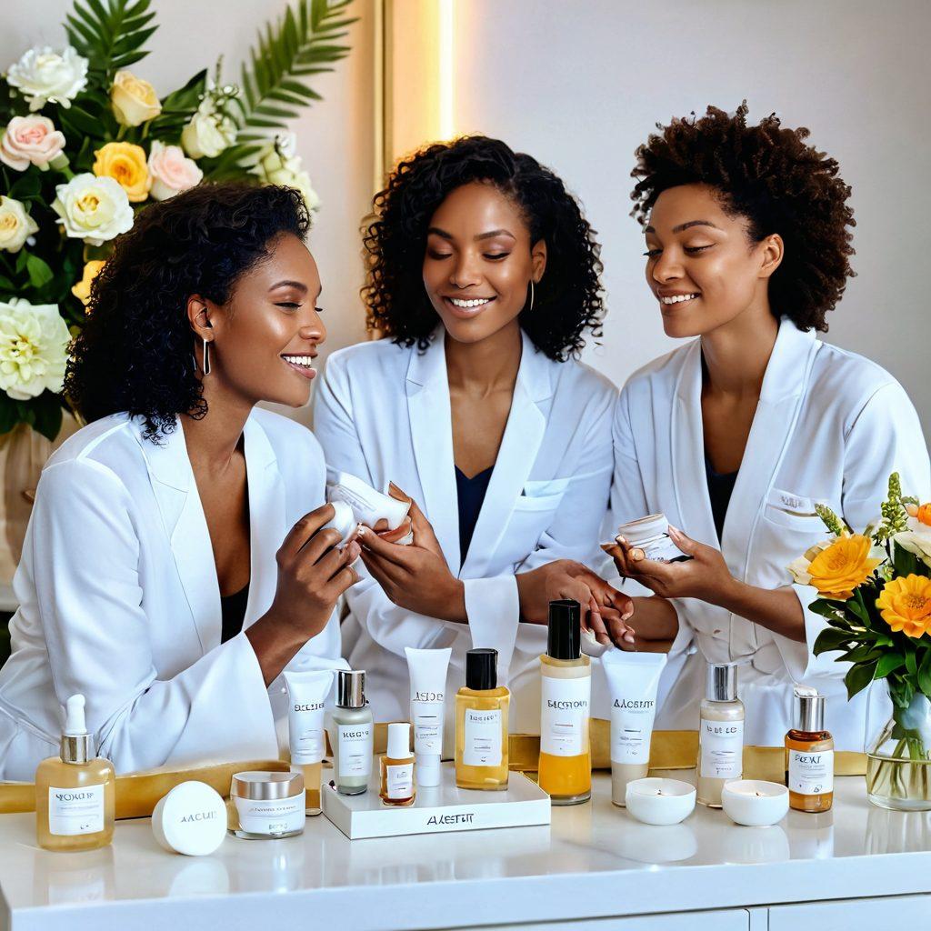 A serene beauty scene featuring a diverse group of women enjoying skincare rituals, each showcasing glowing skin and radiant confidence. The centerpiece is a luxurious display of Aloette Cosmetics, emphasizing age-defying skincare and makeup products, set against a backdrop of soft, natural lighting. Delicate flowers and organic elements enhance the beauty theme, creating an inviting and rejuvenating atmosphere. stylized with vibrant colors and a soft-focus effect.