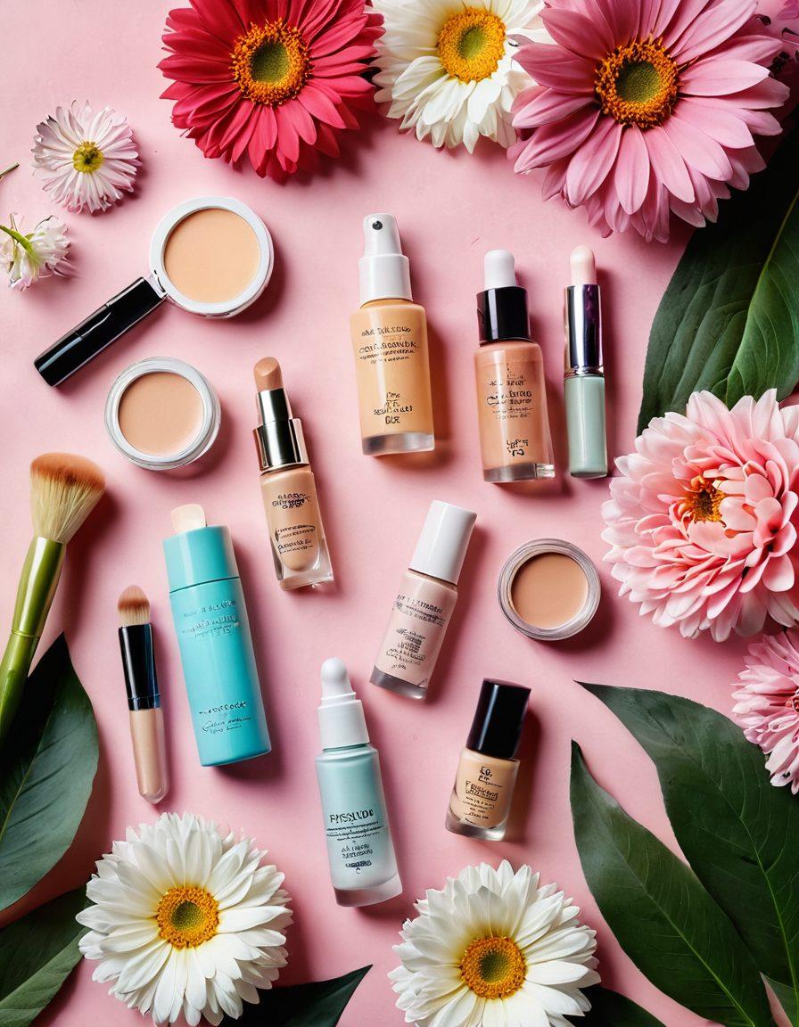 A flat lay of vibrant makeup products including highlighters, foundation, and brushes, paired with fresh flowers and skincare essentials like serums and moisturizers. The background should be a soft pastel color palette to evoke a sense of youthfulness and radiance. Include a pair of elegant, inviting hands preparing to apply makeup, symbolizing transformation and confidence. surrealistic. vibrant colors. soft pastel background.